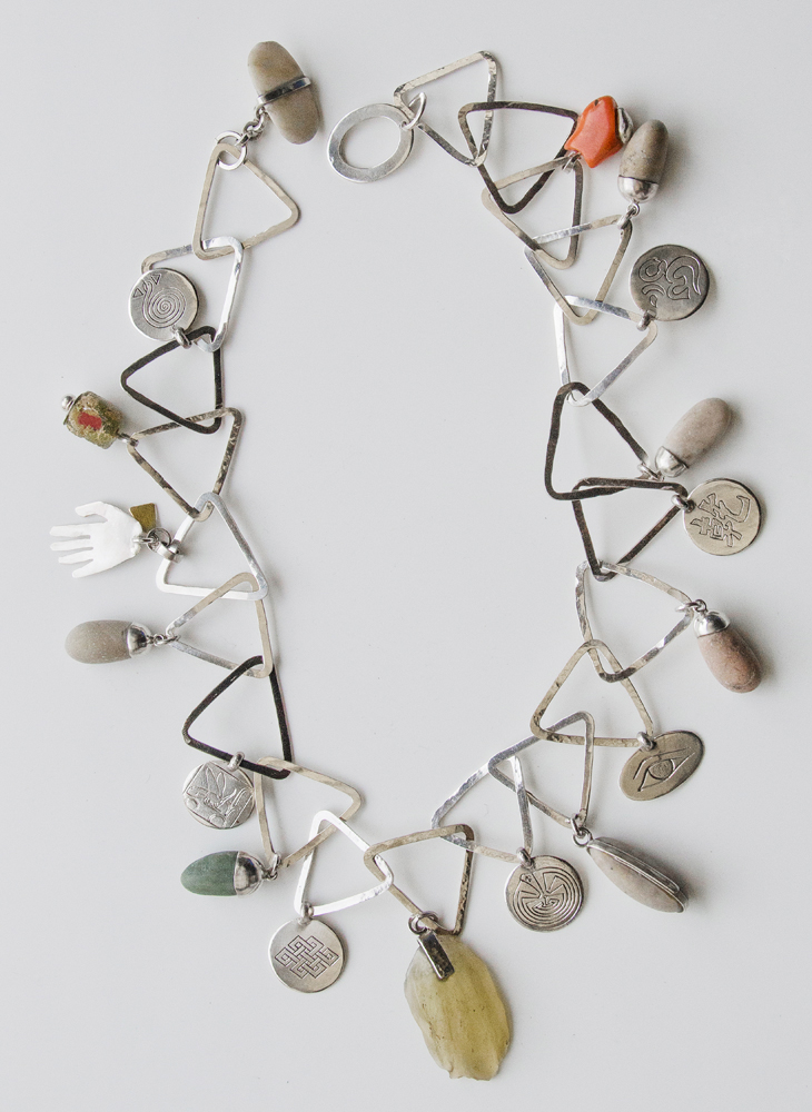 Necklace in silver, lybic glass, coral, pebbles, Venetian beads